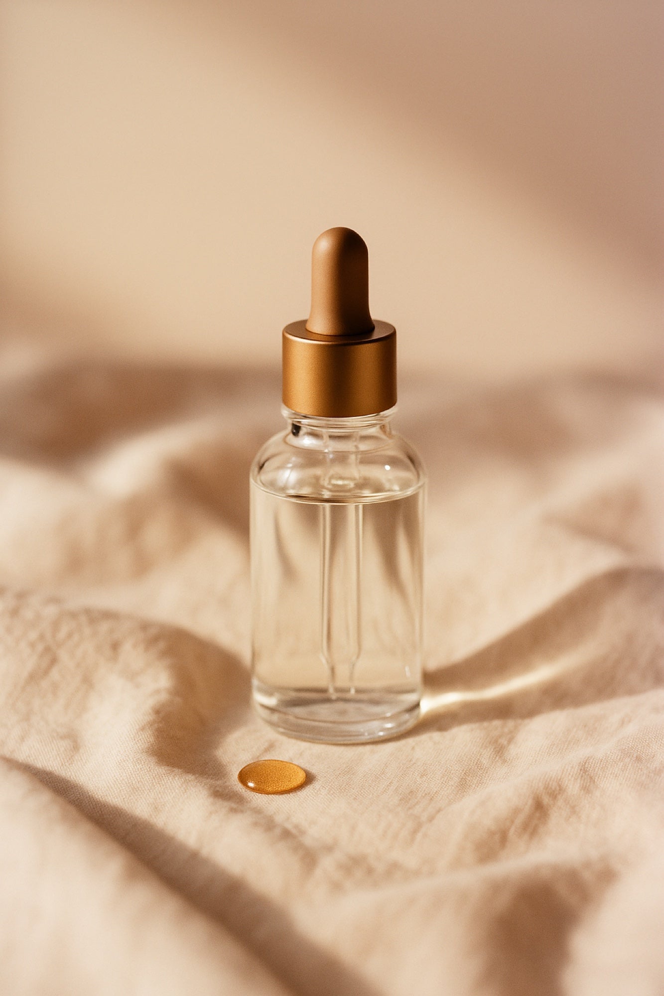Editorial glass dropper bottle on cream linen — home hero
