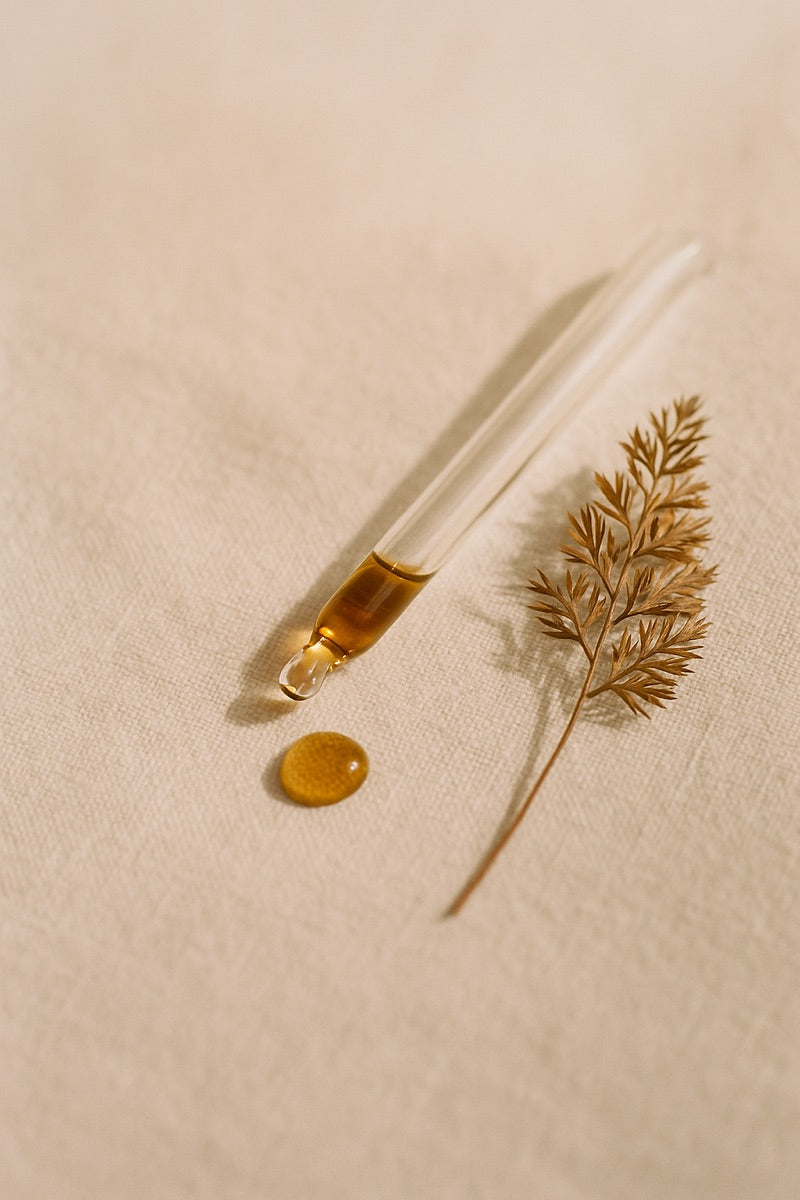 Retinol dropper on cream linen — editorial botanical