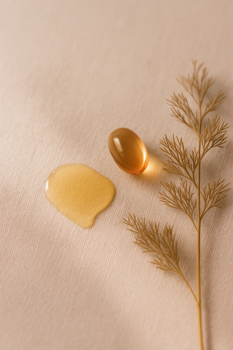 Vitamin E gel capsule with fronds — editorial botanical
