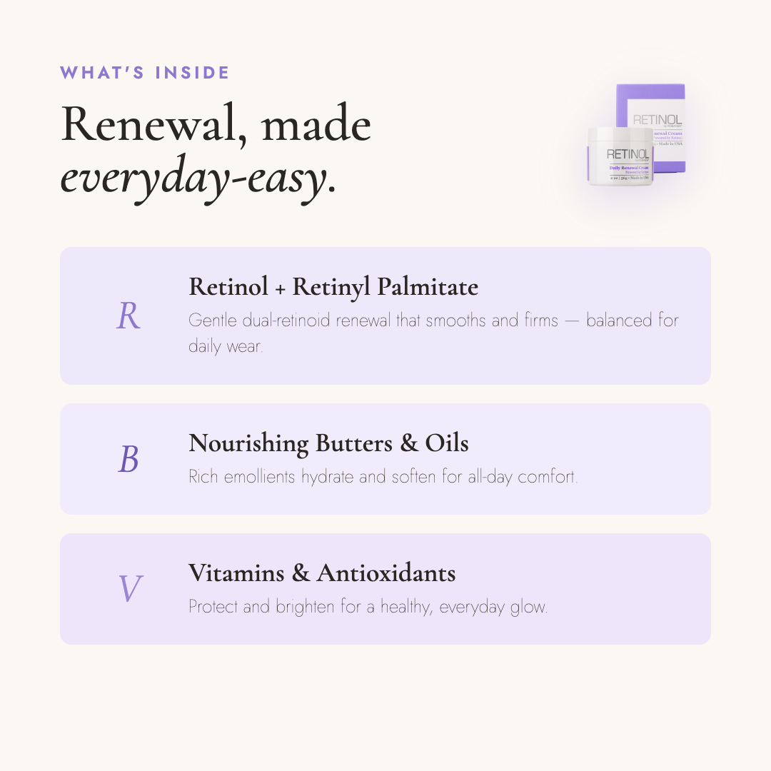 Retinol by Robanda Daily Renewal Cream key ingredients — Retinol, green tea, vitamin E