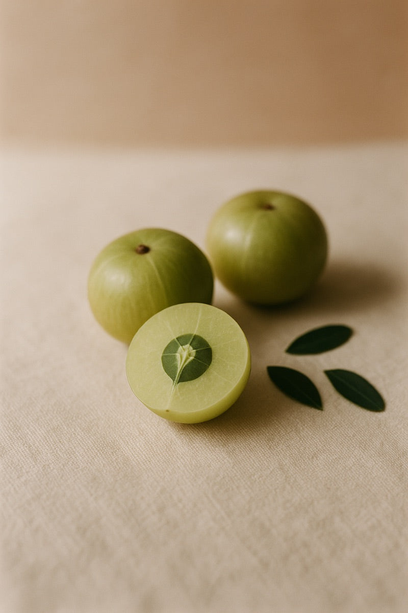 Emblica (amla) fruits on cream linen — editorial botanical