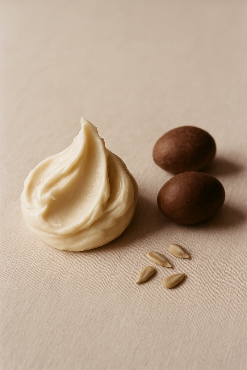 Shea butter dollop with raw shea nuts — editorial botanical