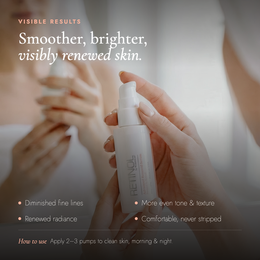 Before and after results using Retinol by Robanda Advanced Renewal Serum — visibly smoother, more even-toned skin
